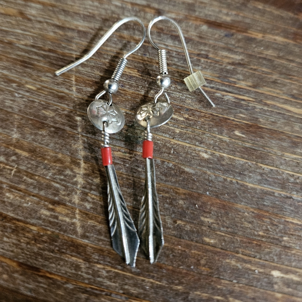 Vintage Silver and Red Feather Earrings